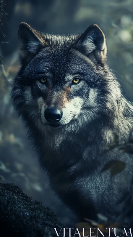 Grey wolf portrait in dim forest lighting at dusk.