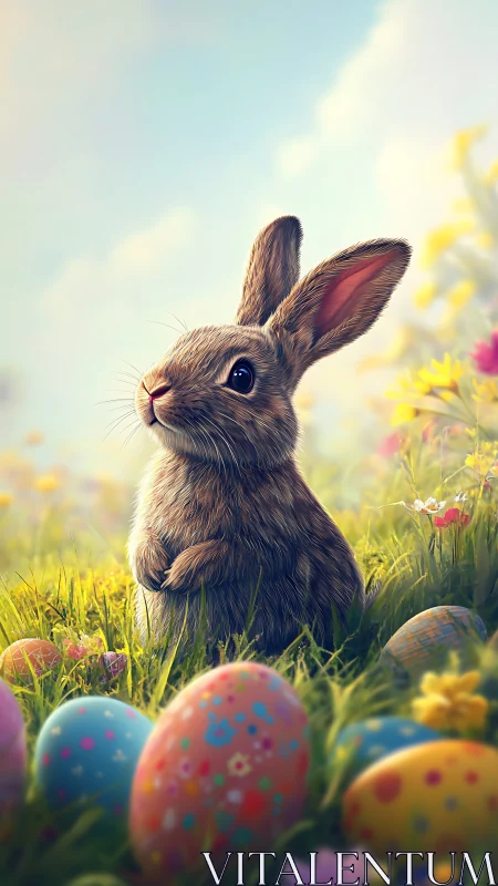Sweet springtime bunny surrounded by colorful Easter eggs.
