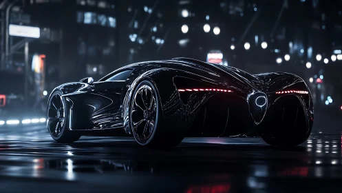 Sleek black concept car is rendered on wet city street at night