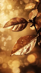 Golden leaves close-up with glowing bokeh background.