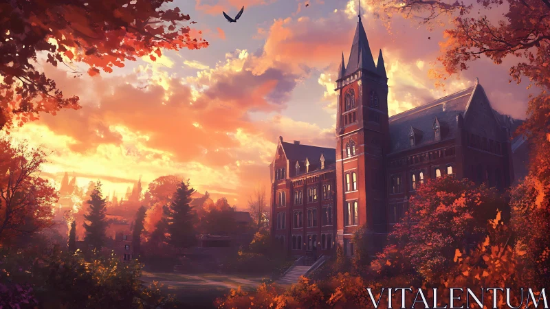 Gothic academic tower under volumetric autumn sunset light.