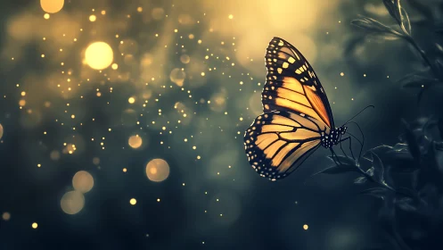 Monarch butterfly in golden bokeh with dramatic side light.