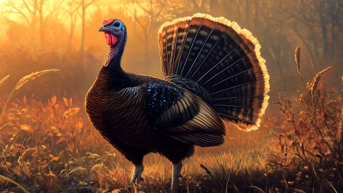 Wild turkey stands radiant in golden autumn woodland light.