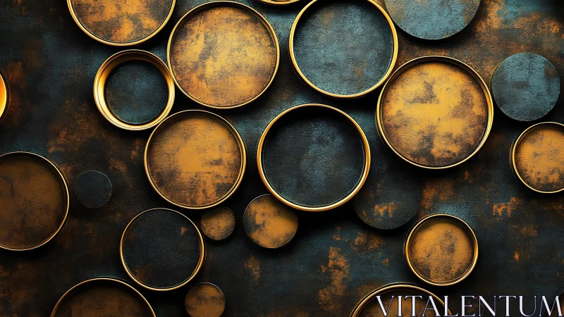Abstract golden circular shapes on textured blue background.