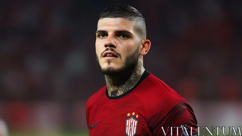 Tattooed footballer portrait in red kit under stadium lights.