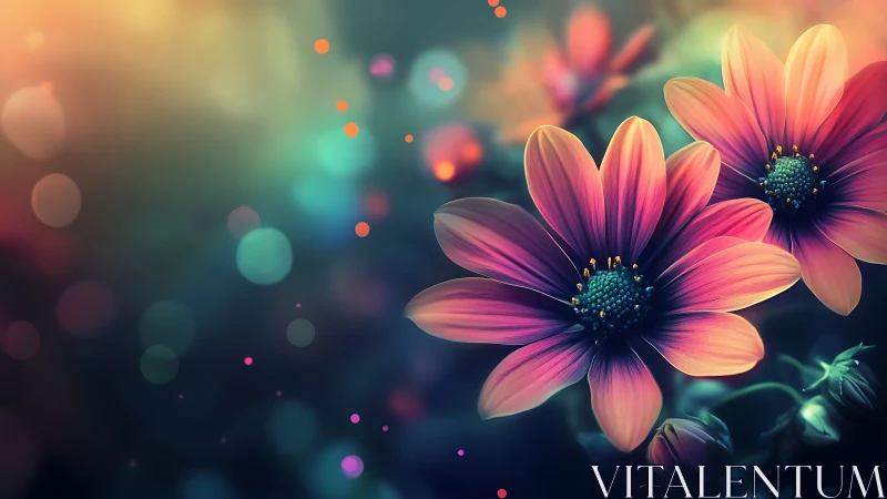 Photorealistic Composite of Pink and Orange Daisy Forms with Blurred Background Elements.