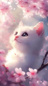 White Cat Among Pink Cherry Blossoms in Dreamy Light.