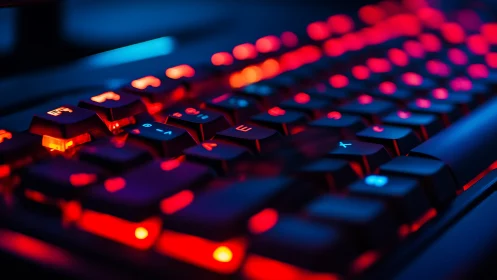 RGB gaming keyboard glows in vivid red and blue light.