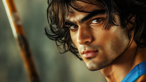 Striking young man gazes ahead with warm, focused intensity