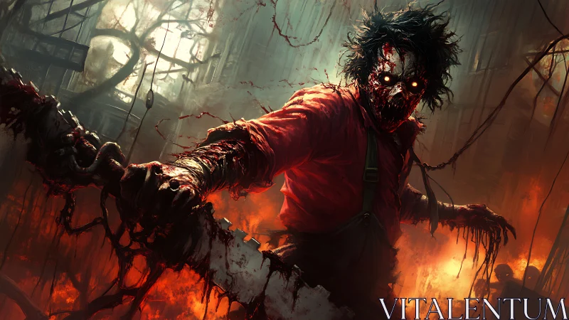 Haunting chainsaw figure strides through a fiery nightmare city.