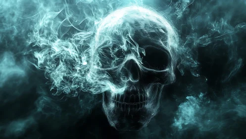 Ethereal smoke skull emerges from swirling cyan mist.