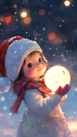 Child in winter clothing holding glowing orb outdoors at night.
