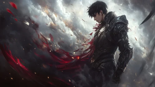 Dark armored warrior stands in storm-torn clouds, cloak dissolving