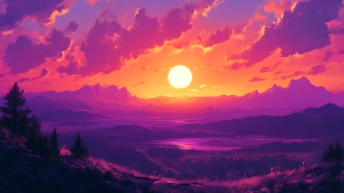 Sunset glow over tranquil valleys and distant violet peaks.