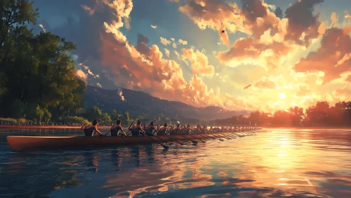 Sunlit competitive rowing scull on reflective river at sunset