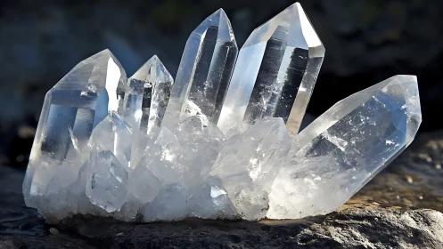 Glistening quartz crystal cluster rests in gentle natural light