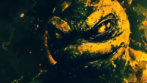 Grungy yellow reptilian vigilante portrait with splatter texture
