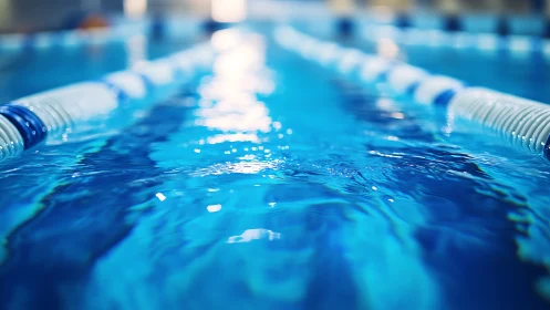 Clear blue swimming pool lane with floating lane dividers.