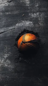 Old baseball lodged in dark cracked wooden surface.