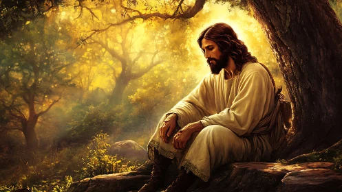 Digital painting of contemplative robed figure in sunlit forest.