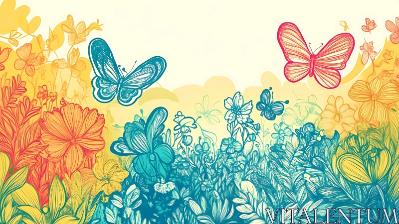 Digital painting of gradient garden with line-art butterflies.