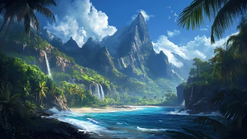 Tropical Island Paradise with Dramatic Mountain Peaks and Waterfall