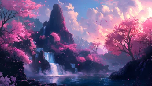 Blossom waterfalls under cotton candy mountains at dusk.