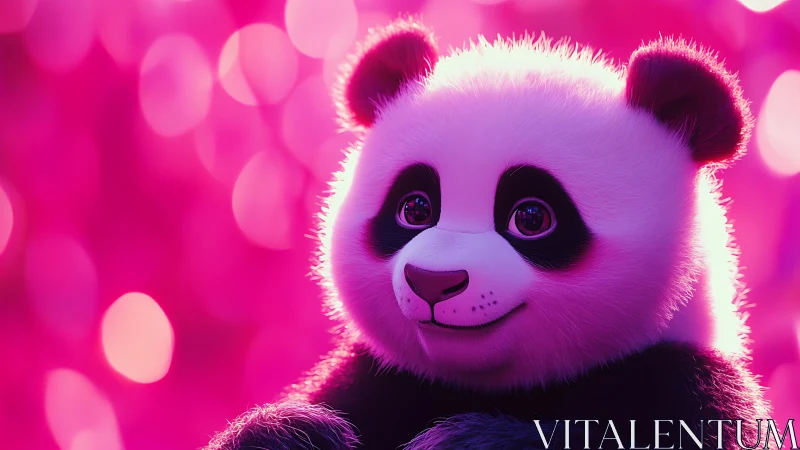 Bright-eyed panda smiles softly in a dreamy pink forest glow