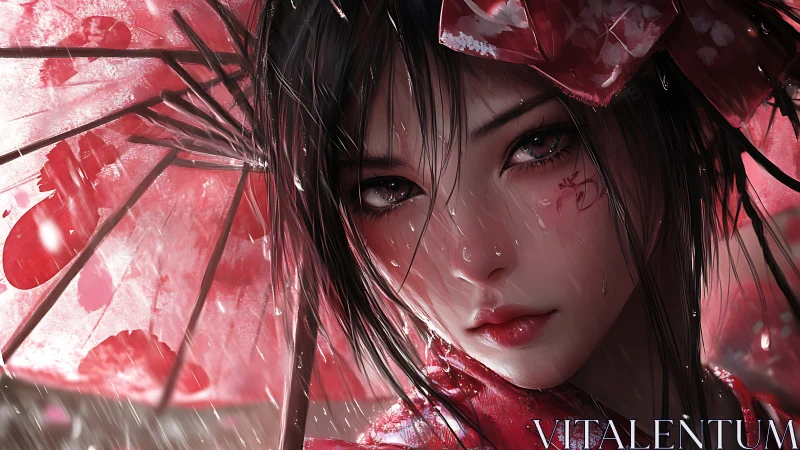 Rain-soaked girl holds red umbrella in close anime portrait