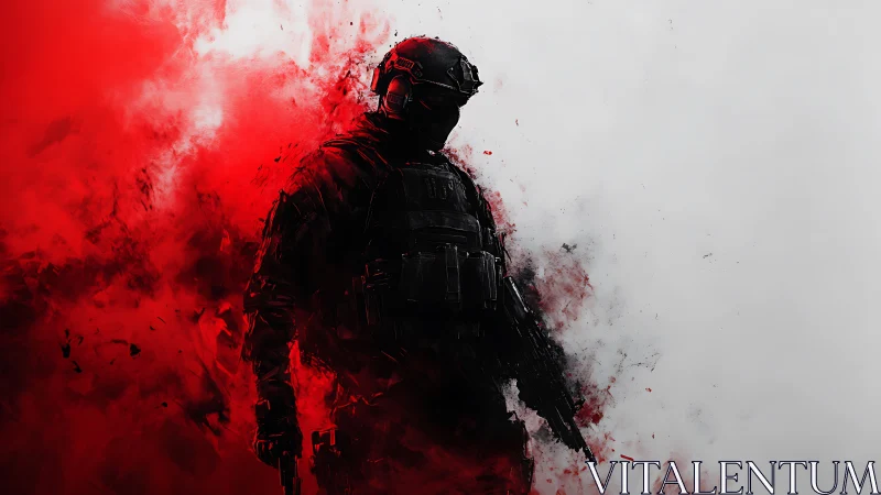 Tactical soldier silhouette dissolves into red and white haze