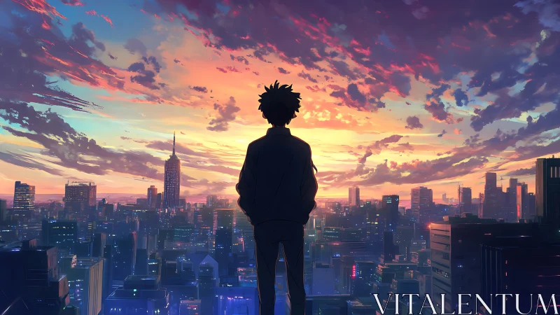 Silhouetted figure observing illuminated city skyline at dusk.