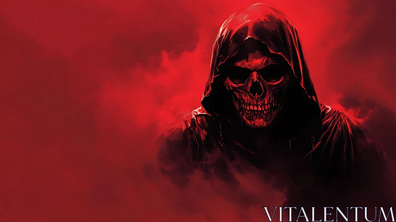 Crimson hooded reaper with skeletal grin in red fog field.