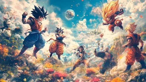 Dynamic anime battle composition unifying multiple warriors