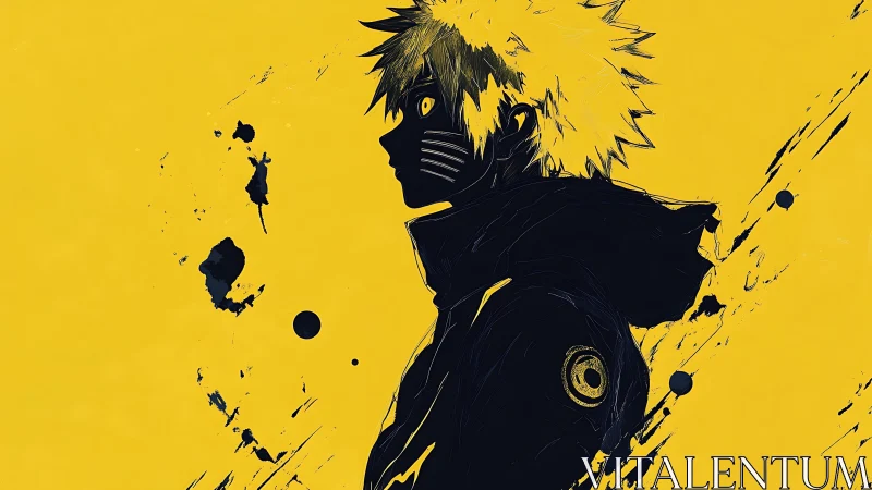 Silhouetted spiky haired anime figure on yellow background