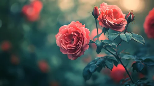 Coral Roses Blooming in Soft Garden Light.