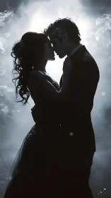 Silhouetted Couple Embracing Against Luminescent Atmospheric Backdrop.