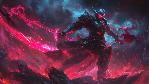 Dark armored warrior wields flaming crimson blade amid chaos.