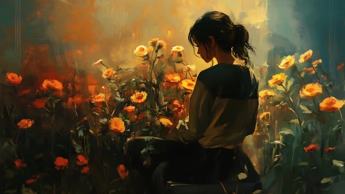 Side profile of seated girl among orange flowers at dusk.
