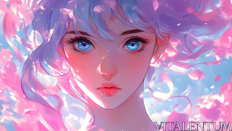 Iridescent anime portrait with cyan eyes and drifting petals