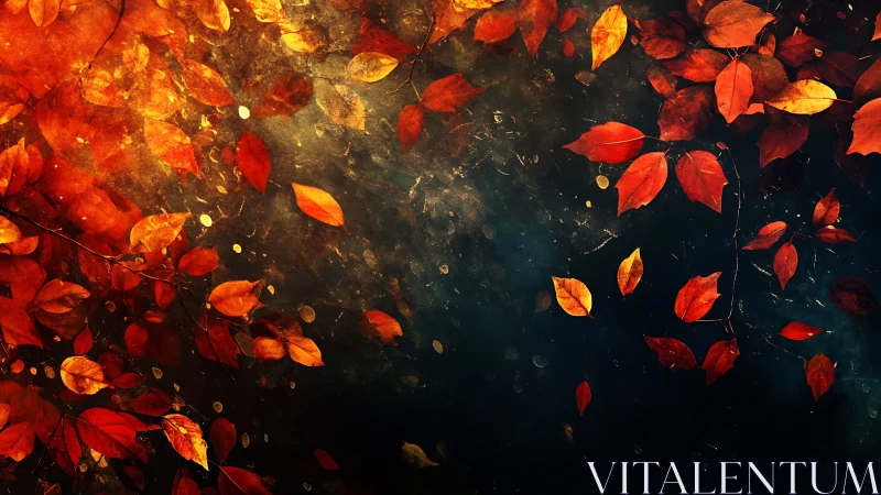 Burnished autumn leaves swirling over dark ethereal void.