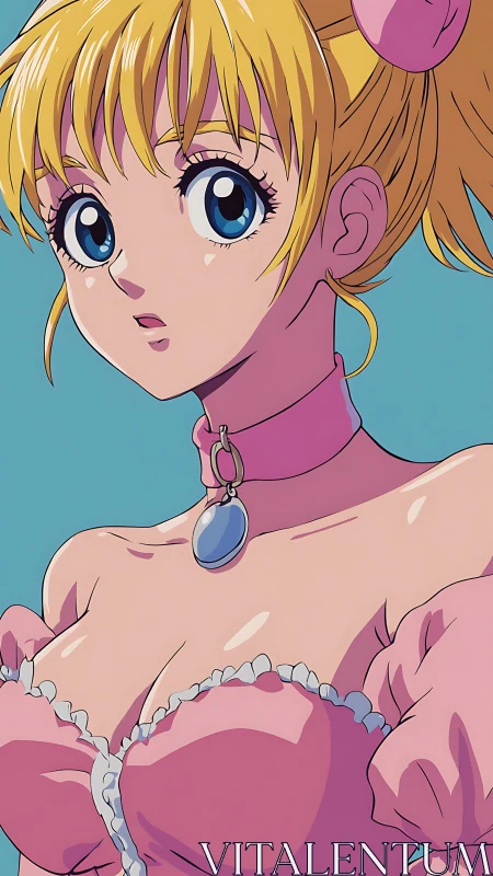 Anime princess portrait in glossy cel-shaded pink gown.