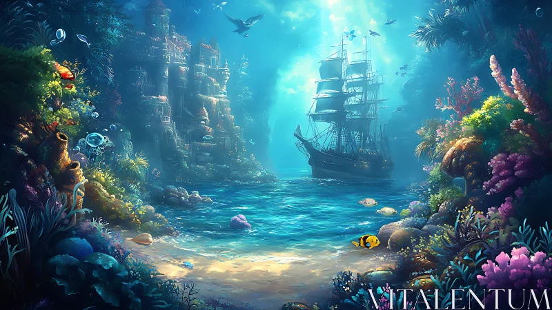 Underwater coral cove with sunken ship and ruins scene.