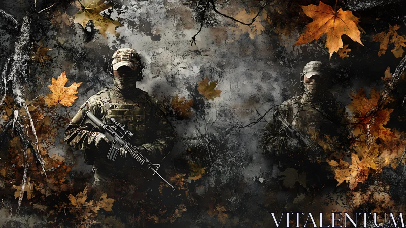Camouflaged soldiers emerge from autumn foliage in gritty compositing