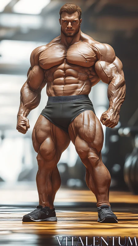 Hyper-muscular male bodybuilder stands centered in gym environment.