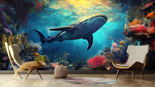 Underwater whale mural in contemporary living space interior.