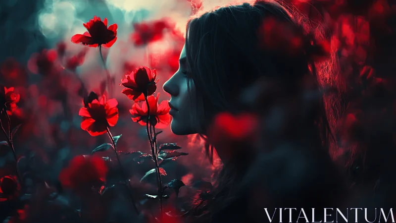 Side-profile portrait in neon red and cyan floral bokeh lighting