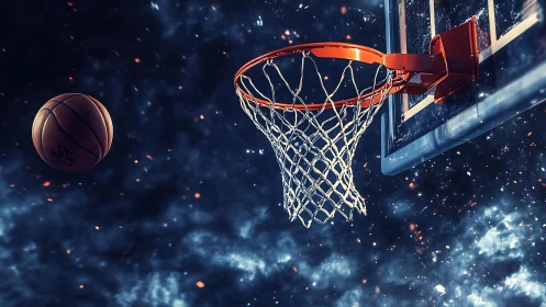 Astrophysical-style basketball arc toward illuminated rim.