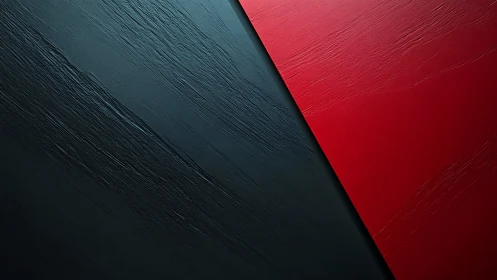 Diagonal red and black textured panels create sharp contrast.