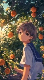 Youth in sailor shirt seated under sunlit orange trees.