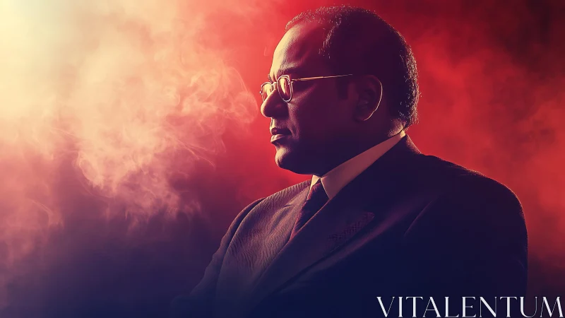 Businessman silhouette framed by dramatic red studio smoke